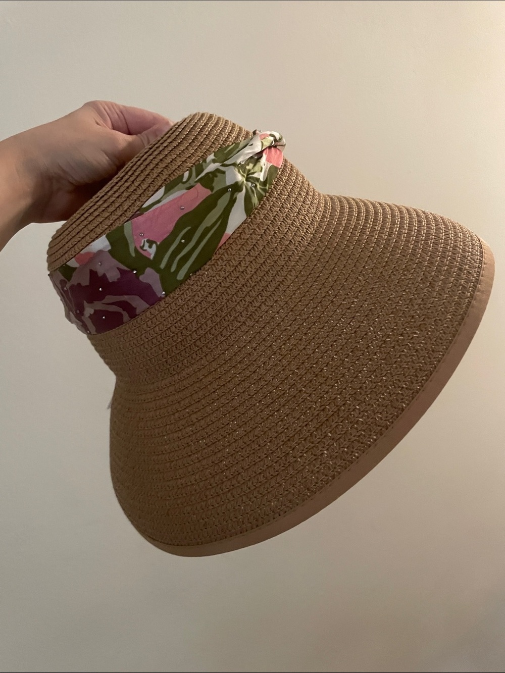 Jessica McClintock Brown Straw Hat with Pink & Green Floral Scarf
